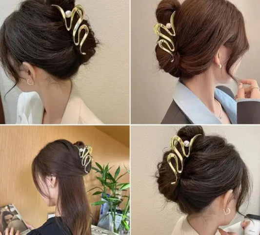 Cool trend 1 pc Metal Large Wavy Hair Claw Clips, Ponytail Hair Clamps, Gold Silver Pearl Hair Claws For Long Hair, Trendy Hair Claw Gift