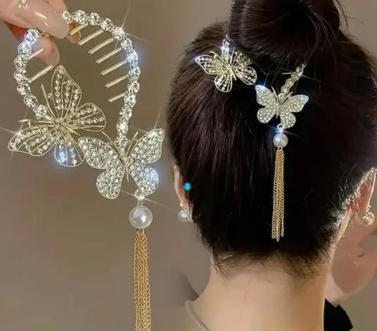 Cool Trend 1pc Zinc Alloy New Rhinestone Butterfly Tassel Hair Clip Hair Accessories Silver color Metal Juttu clipu